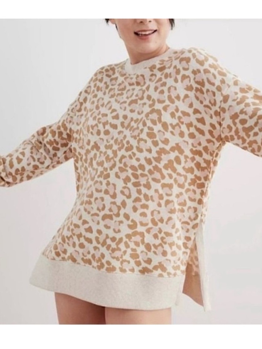 aerie Oversized Cream Tan & Pink Leopard-Print Crewneck Lounge Sweatshirt XL